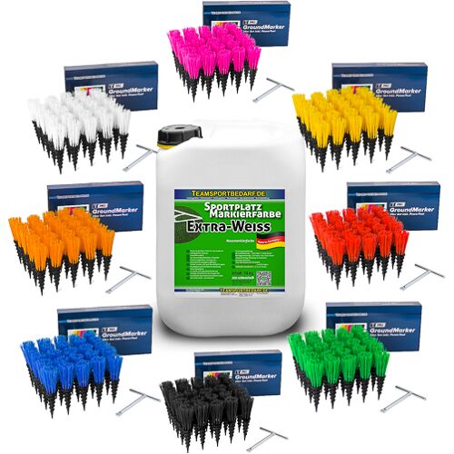 Hergestellt für: Trainingsunterlagen24 GmbH T-PRO Groundmarker (Einmesshilfe) - 25er Set + 1 Kanister Sportplatzmarkierfarbe Extra-Weiß 14 kg - 14.00 kg