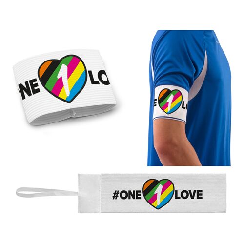 Hergestellt für: Trainingsunterlagen24 GmbH Kapitänsbinde mit Klett (Junior/Senior) Weiß - Aufdruck: ONE LOVE