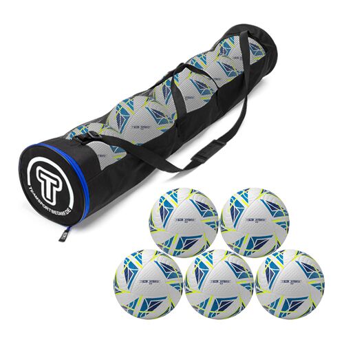 Hergestellt für: Trainingsunterlagen24 GmbH 5er Ballset - T-PRO Hybrid 2.0 (White-Blue-Yellow) Trainingsball (Gr. 5) - inkl. Ballschlauch - 5.00 ct