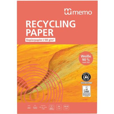 500 Blatt memo Kopierpapier 'Recycling Pro' Weiße ISO 90, DIN A4, 80 g/m², W90 500 Blatt memo Kopierpapier 'Recycling Pro' Weiße ISO 90, DIN A4, 80 g/m², W90