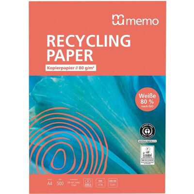 500 Blatt memo Multifunktionales Kopierpapier "Recycling Plus" Weiße ISO 80, 80 g/m² 500 Blatt memo Multifunktionales Kopierpapier "Recycling Plus" Weiße ISO 80, 80 g/m²