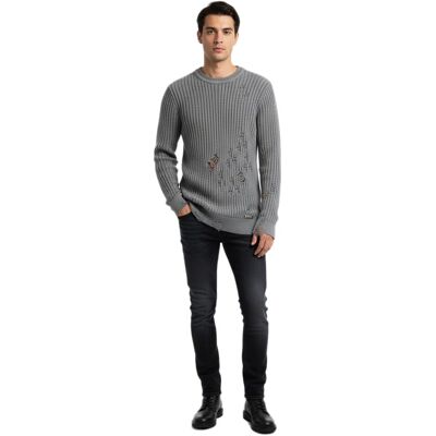 O46RN (MB2) Urbaner Biker-Strickpullover für Herren mit Rundhalsausschnitt Sweater im modernen Used-Look mit Destroyed-Details 13293 Grau - männlich - Size: 2XL O46RN (MB2) Urbaner Biker-Strickpullover für Herren mit Rundhalsausschnitt Sweater im modernen Used-Look mit Destroyed-Details 13293 Grau - männlich - Size: 2XL