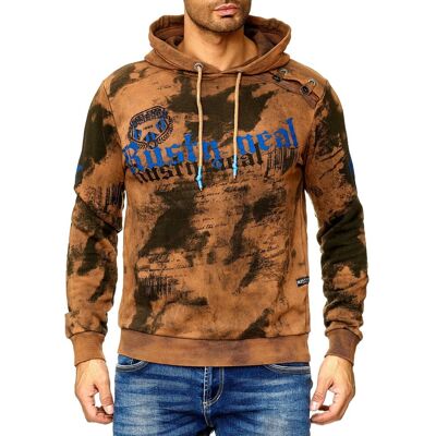 O46RN (MB2) Herren Hoodie im Batik Look Kapuzen-Pullover mit Vintage Print Sweater 19113 Camel - männlich - Size: M O46RN (MB2) Herren Hoodie im Batik Look Kapuzen-Pullover mit Vintage Print Sweater 19113 Camel - männlich - Size: M