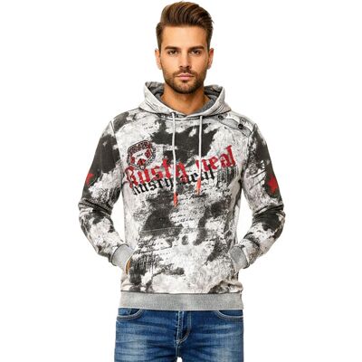 O46RN (MB2) Herren Hoodie im Batik Look Kapuzen-Pullover mit Vintage Print Sweater 19113 Grau - männlich - Size: M O46RN (MB2) Herren Hoodie im Batik Look Kapuzen-Pullover mit Vintage Print Sweater 19113 Grau - männlich - Size: M