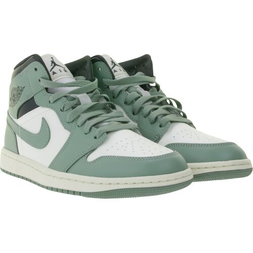 NIKE Air Jordan 1 Mid Damen Sneaker Echtleder Turnschuhe Mid-Top Sneaker BQ6472-130 Weiß/Grün/Schwarz - weiblich - Size: 36 1/2