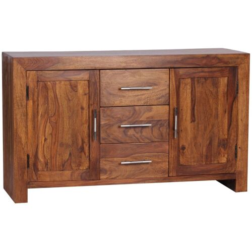 Wohnling Sideboard Massivholz Sheesham Kommode 118 cm 3 Schubladen 2 Türen Design Highboard Landhaus-Stil braun natur