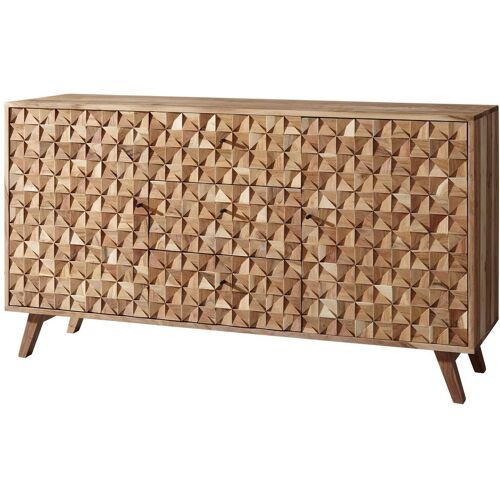 Wohnling Sideboard REWA 140×78,5×40 cm Anrichte Massivholz Akazie Schrank Braun   Landhaus-Stil Kommode mit 3 Schubladen & 2 Türen   Flurschrank Echtholz   Schubladenkommode Massiv   Flurkommode