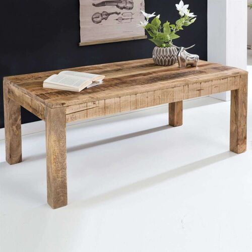 Wohnling Couchtisch 110 x 60 x 47 cm Massiv-Holz Mango Natur   Landhaus-Stil Wohnzimmertisch Rustikal Kaffeetisch   Massivholztisch Wohnzimmer