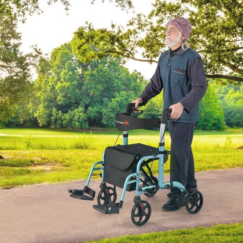 Costway 2 in 1 Rollstuhl & Reiserollator Leichtgewicht Gehhilfe 6-fach Höhenverstellbar Marineblau