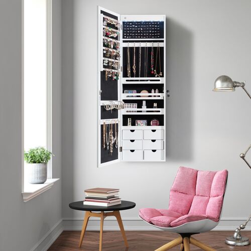 Costway Schmuckschrank mit LED Abschließbarer Wand-/Türschmuckschrank mit Spiegel & 6 Schubläden Weiß