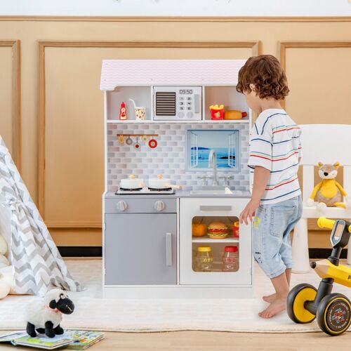 Costway 2-in-1-Kinderküchen-Spielset und Puppenhaus aus Holz mit realistischem Sound und Licht