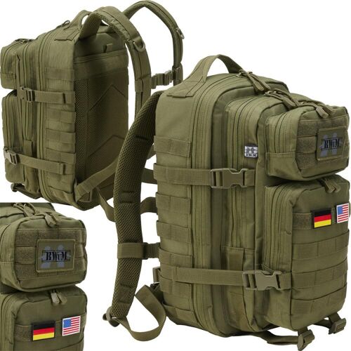 BWuM US Assault Pack Cooper Rucksack + Patch & Flaggen   Oliv   Medium (30L)