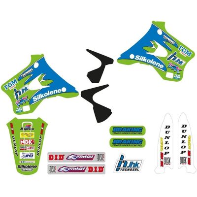 Tecnosel, Sticker, (BLACKBIRD) AUFKLEBER-SET + SITZBEZUG KAWASAKI KX 125/250 '94–'98, REPLICA TEAM KAWASAKI '96 Tecnosel, Sticker, (BLACKBIRD) AUFKLEBER-SET + SITZBEZUG KAWASAKI KX 125/250 '94–'98, REPLICA TEAM KAWASAKI '96