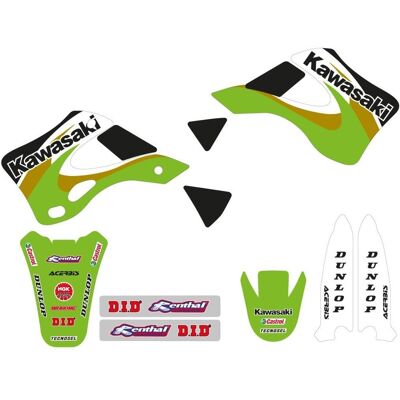 Tecnosel, Sticker, (BLACKBIRD) AUFKLEBER-SET + SITZBEZUG KAWASAKI KX 125/250 '99–'02, OEM-REPLIKA KAWASAKI '00 Tecnosel, Sticker, (BLACKBIRD) AUFKLEBER-SET + SITZBEZUG KAWASAKI KX 125/250 '99–'02, OEM-REPLIKA KAWASAKI '00