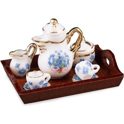 Reutter, Miniaturen, 001.441/5 - Kaffeeset Holztablett "Vergissmeinnicht", Miniatur Reutter, Miniaturen, 001.441/5 - Kaffeeset Holztablett "Vergissmeinnicht", Miniatur