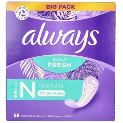Always, Binden, Daily Fresh Normal 0% Perfume Panty Liners (56x) Always, Binden, Daily Fresh Normal 0% Perfume Panty Liners (56x)