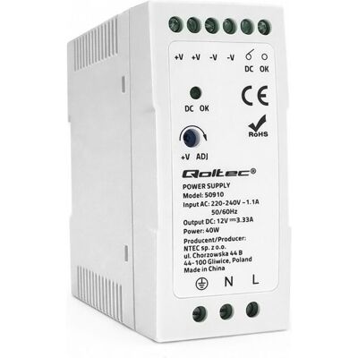 Qoltec, Systemstromversorgung, DIN-Schienen-Netzteil 40W 12V 3 33 A Weiss Schlank Qoltec, Systemstromversorgung, DIN-Schienen-Netzteil 40W 12V 3 33 A Weiss Schlank