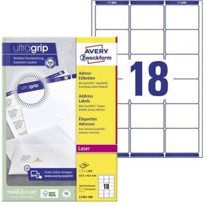 Avery Dennison, Etiketten, Etiketten Zweckform ultragrip L7161, 63,5x46,6 mm, weiss, Pk. 1800 Stk. Avery Dennison, Etiketten, Etiketten Zweckform ultragrip L7161, 63,5x46,6 mm, weiss, Pk. 1800 Stk.
