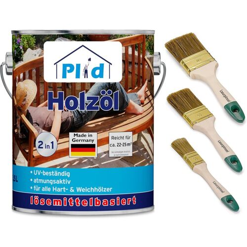 Plid, Holzschutz + Holzpflege, Holzöl 2,5L für ca. 25m² + Pinselset 3-tlg / Pflegeöl Gartenmöbel (Bankirai, 2.50 l)