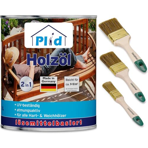 Plid, Holzschutz + Holzpflege, Holzöl 1L für ca. 10m² + Pinselset 3-tlg / Holz Pflegeöl Gartenmöbel (Bankirai, 1 l)