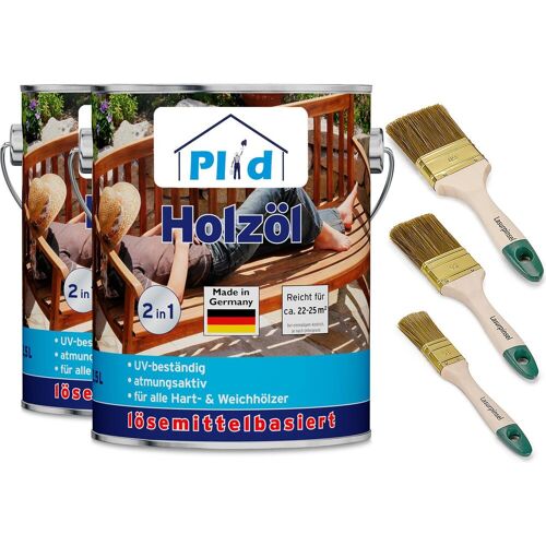 Plid, Holzschutz + Holzpflege, Holzöl 5L - für ca. 50m² + Pinselset 3-tlg / Holz Pflegeöl Gartenmöbel (Teak, 5 l)