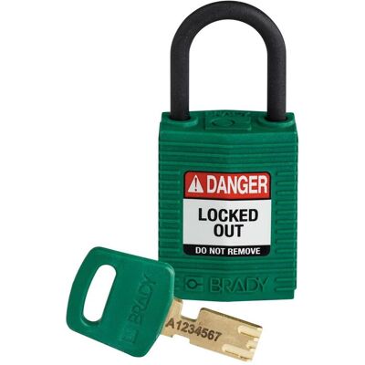 Brady, Vorhängeschloss, Safekey Kompaktes Nylon-Sicherheitsschloss mit Nylonbügel, Grün, 25 mm Bügelhöhe, 4.3 mm Bügeldur Brady, Vorhängeschloss, Safekey Kompaktes Nylon-Sicherheitsschloss mit Nylonbügel, Grün, 25 mm Bügelhöhe, 4.3 mm Bügeldur