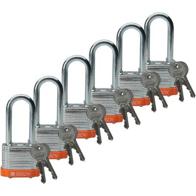 Brady, Vorhängeschloss, laminiertes Stahlvorhängeschloss, Orange, Stahlbügel, 50 mm Bügelhöhe, Bügeldurchmesser 7 mm Brady, Vorhängeschloss, laminiertes Stahlvorhängeschloss, Orange, Stahlbügel, 50 mm Bügelhöhe, Bügeldurchmesser 7 mm