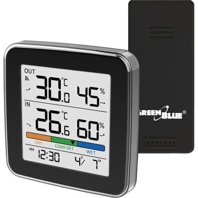Greenblue Funk-Wetterstation, Temperatur + Luftfeuchtigkeit IN/OUT GB169 B, Wetterstation, Schwarz Greenblue Funk-Wetterstation, Temperatur + Luftfeuchtigkeit IN/OUT GB169 B, Wetterstation, Schwarz