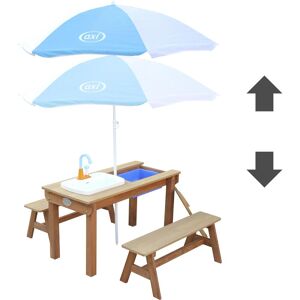 Axi Dennis Sand & Wasser Picknicktisch mit Spielküchenspüle und Bänken Braun - Sonnenschirm Blau/Weiss Axi Dennis Sand & Wasser Picknicktisch mit Spielküchenspüle und Bänken Braun - Sonnenschirm Blau/Weiss