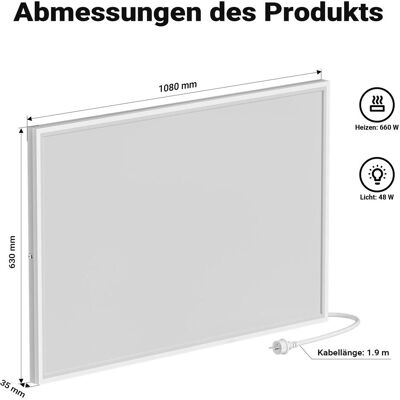 Wiltec Infrarot Deckenheizung - 660W, LED, 48W - 1080x630mm - 98% Effizienz Wiltec Infrarot Deckenheizung - 660W, LED, 48W - 1080x630mm - 98% Effizienz