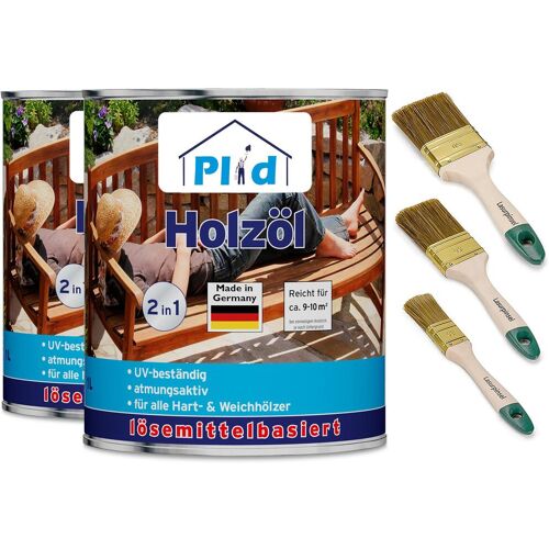 Plid, Holzschutz + Holzpflege, Holzöl 2L für ca. 20m² + Pinselset 3-tlg / Holz Pflegeöl Gartenmöbel (Bankirai, 2 l)