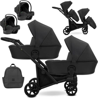 Kunert, Kinderwagen, BRAV DUO 3in1 Öko-Leder Doppelkinderwagen in Schwarz mit Gelrädern und schwarzem Rahmen Kunert, Kinderwagen, BRAV DUO 3in1 Öko-Leder Doppelkinderwagen in Schwarz mit Gelrädern und schwarzem Rahmen
