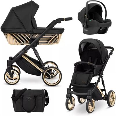 Kunert, Kinderwagen, Ivento Glam 3in1 Öko-Leder Kinderwagen in Schwarz mit goldenem Rahmen Kunert, Kinderwagen, Ivento Glam 3in1 Öko-Leder Kinderwagen in Schwarz mit goldenem Rahmen