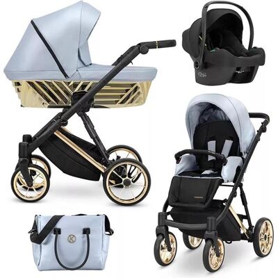 Kunert, Kinderwagen, Ivento Glam 3in1 Öko-Leder Kinderwagen in Blau Metallic mit goldenem Rahmen Kunert, Kinderwagen, Ivento Glam 3in1 Öko-Leder Kinderwagen in Blau Metallic mit goldenem Rahmen