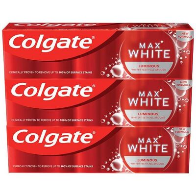 Colgate Max White Luminous Zahnpasta - Aufhellung, Sanft, 3x75ml Colgate Max White Luminous Zahnpasta - Aufhellung, Sanft, 3x75ml