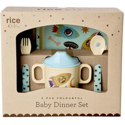 Rice, Kindergeschirr + Kinderbesteck, - Melamine Baby Dinner Set - Dogs in Space Print - 4 pcs Rice, Kindergeschirr + Kinderbesteck, - Melamine Baby Dinner Set - Dogs in Space Print - 4 pcs