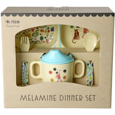 Rice, Kindergeschirr + Kinderbesteck, - Melamine Baby Dinner Set - Fun Fair Print - Mint and Blue Rice, Kindergeschirr + Kinderbesteck, - Melamine Baby Dinner Set - Fun Fair Print - Mint and Blue