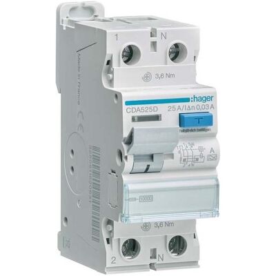 Hager CDA525D - Fehlerstromschutzschalter - 2p, 25A, 30mA, Typ A Hager CDA525D - Fehlerstromschutzschalter - 2p, 25A, 30mA, Typ A