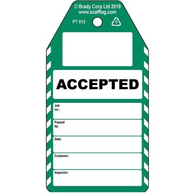 Brady, Sicherheitskennzeichnung, PROC-GB-PT 013-50, Akzeptiert - Anhänger, Polypropylene, Schwarz auf Grün & Weiss, 150 x 80 m Brady, Sicherheitskennzeichnung, PROC-GB-PT 013-50, Akzeptiert - Anhänger, Polypropylene, Schwarz auf Grün & Weiss, 150 x 80 m