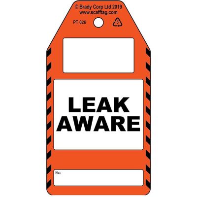 Brady, Sicherheitskennzeichnung, PROC-GB-PT 026-50, Leak Aware - Anhänger, Polypropylene, Schwarz auf Orange & Weiss, 150 x 80 Brady, Sicherheitskennzeichnung, PROC-GB-PT 026-50, Leak Aware - Anhänger, Polypropylene, Schwarz auf Orange & Weiss, 150 x 80