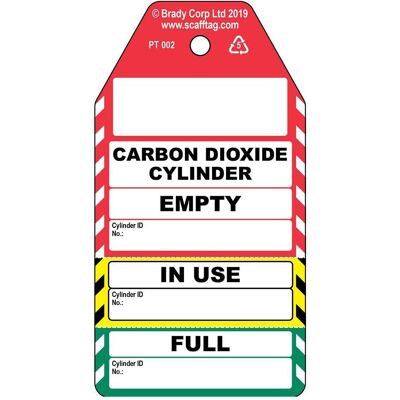 Brady, Sicherheitskennzeichnung, PROC-GB-PT 002-50, Dreiteiliger Carbon Dioxide Zylinder-Anhänger, Polypropylene, Schwarz auf Brady, Sicherheitskennzeichnung, PROC-GB-PT 002-50, Dreiteiliger Carbon Dioxide Zylinder-Anhänger, Polypropylene, Schwarz auf
