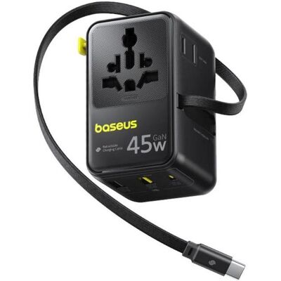 Baseus Reiseadapter, Adapter podróżny PicoGo AG11 45W 6w1 ze zwijanym kablem USB-C - czarny Baseus Reiseadapter, Adapter podróżny PicoGo AG11 45W 6w1 ze zwijanym kablem USB-C - czarny