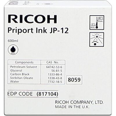 Ricoh Druckerpatrone, 817104JP12 Tinte schwarz 600ml VE=5 Schwarz JP 1030 1235 Priport DX 3240 Priport DX 3440 (BK) Ricoh Druckerpatrone, 817104JP12 Tinte schwarz 600ml VE=5 Schwarz JP 1030 1235 Priport DX 3240 Priport DX 3440 (BK)