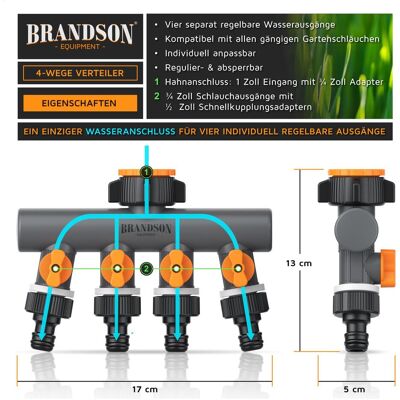 Brandson, Schlauchanschluss + Schlauchverbinder, 2x 4-Wege Verteiler 4-fach Schlauchverteiler, Wasserverteiler Gartenschlauch, 3/4 & 1/2 Zoll (4 Wege Verteiler) Brandson, Schlauchanschluss + Schlauchverbinder, 2x 4-Wege Verteiler 4-fach Schlauchverteiler, Wasserverteiler Gartenschlauch, 3/4 & 1/2 Zoll (4 Wege Verteiler)