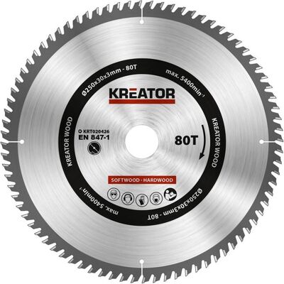 Kreator KRT020426 Kreissägeblatt - 80 Zähne, Ø250mm, Hartmetall, 30mm Loch Kreator KRT020426 Kreissägeblatt - 80 Zähne, Ø250mm, Hartmetall, 30mm Loch