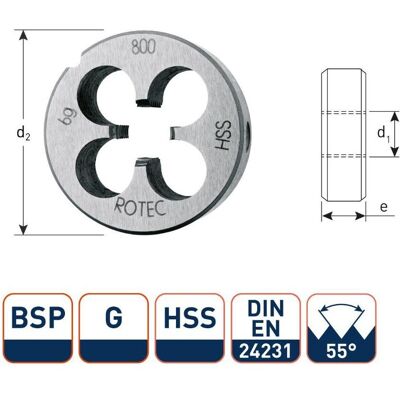Rotec, Gewindeschneider + Gewindebohrer, 365.0250 HSS Rundschneider DIN 5158 BSP G 1/4-19 Rotec, Gewindeschneider + Gewindebohrer, 365.0250 HSS Rundschneider DIN 5158 BSP G 1/4-19