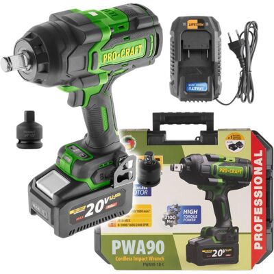 Procraft, Bohrmaschine + Akkuschrauber, PWA90 Akku Schlagschrauber 20 V 2100 Nm 3/4 Brushless + 1x Akku 4,0 Ah + Ladegerät + (Schlagschrauber) Procraft, Bohrmaschine + Akkuschrauber, PWA90 Akku Schlagschrauber 20 V 2100 Nm 3/4 Brushless + 1x Akku 4,0 Ah + Ladegerät + (Schlagschrauber)