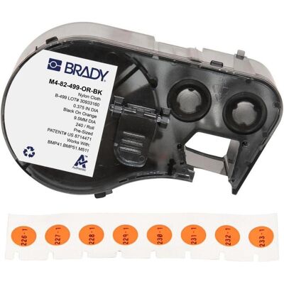 Brady, Etikettenrolle, M4-82-499-OR-BK, Nylongewebe, Schwarz auf Orange, Deckeletikett 9.53 mm rund, permanent (240 Brady, Etikettenrolle, M4-82-499-OR-BK, Nylongewebe, Schwarz auf Orange, Deckeletikett 9.53 mm rund, permanent (240