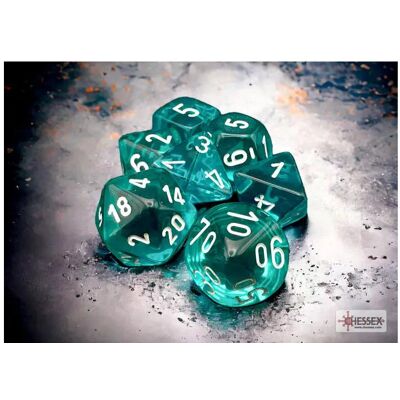 Chessex RPG-Würfelset: Durchscheinend – Vielseitig – Blaugrün/Weiss (7) Chessex RPG-Würfelset: Durchscheinend – Vielseitig – Blaugrün/Weiss (7)