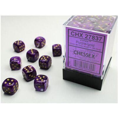 Chessex Vortex 12mm d6 Purple/gold Dice Block (36 dice) Chessex Vortex 12mm d6 Purple/gold Dice Block (36 dice)